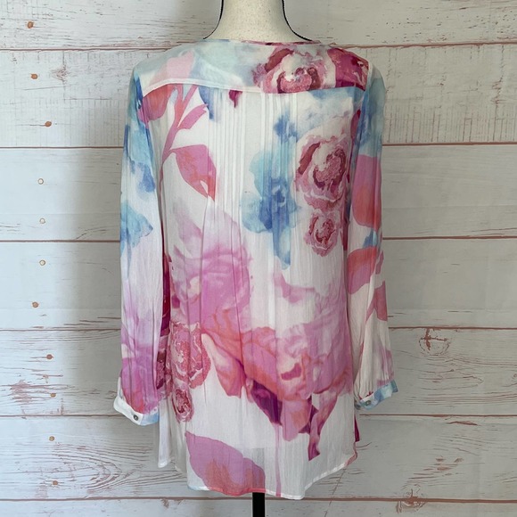 Soft Surroundings Women's Pink/Blue Floral Top Size Medium Tunic Tassel Ties - Picture 3 of 12